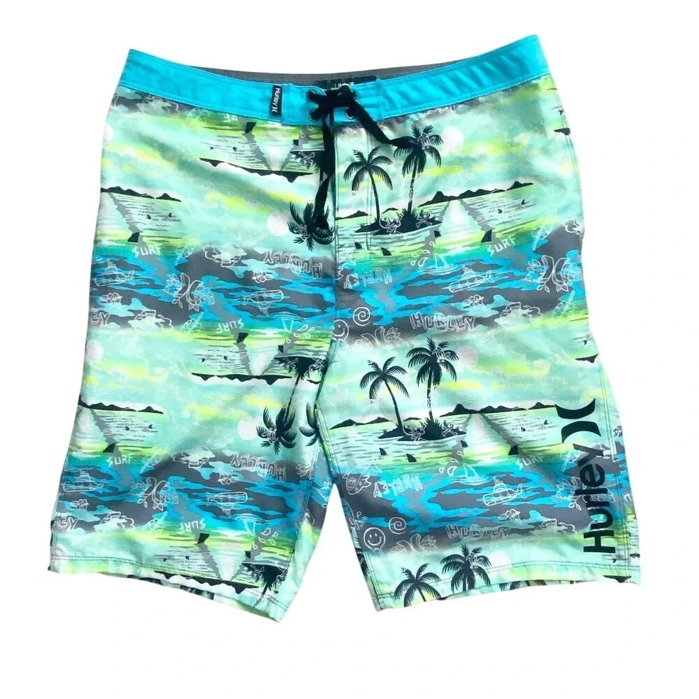 Hurley Tropical Palm Shark Print Board Shorts‎ Boys 20/30 Blue Green